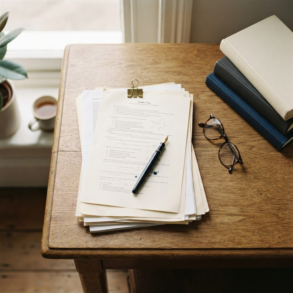 An overhead view of printed exam papers and lecture notes on a wooden desk with a fountain pen, reading glasses, and books